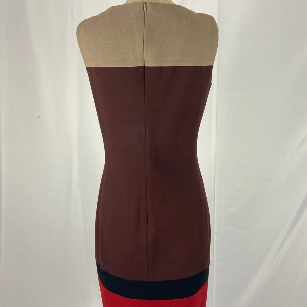 AKRIS Size 6 Colorblock Knee Length Sleeveless Dress - Brown, Red, and Tan - Picture 2 of 5